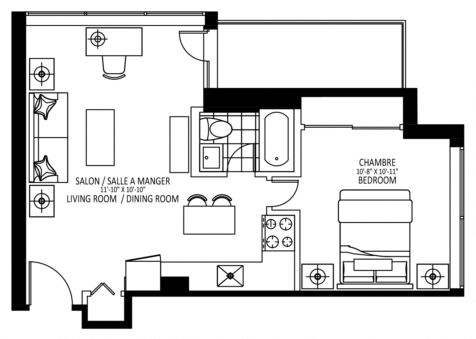 Floor plan for 1 bed, 1 bath, 560 sqft